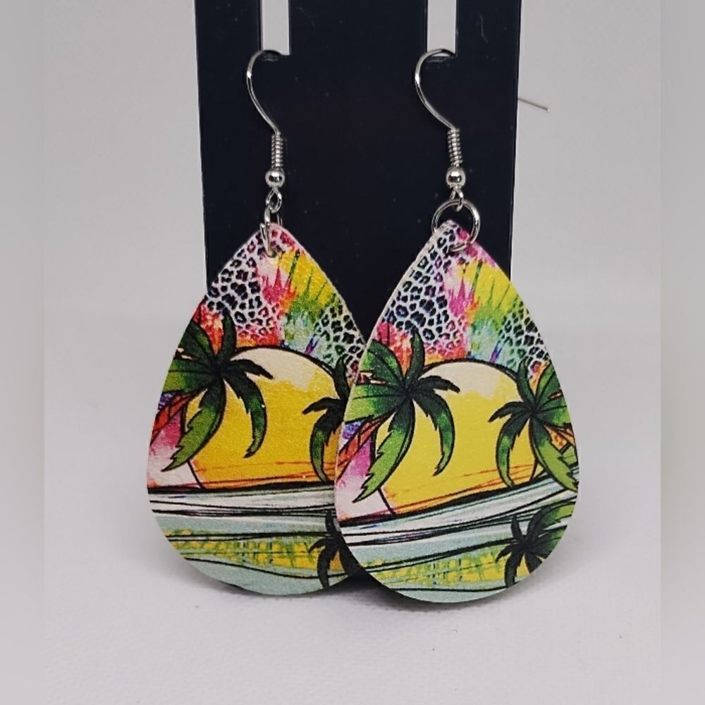 Teardrop earrings sunset tropical‎ faux leather new e8